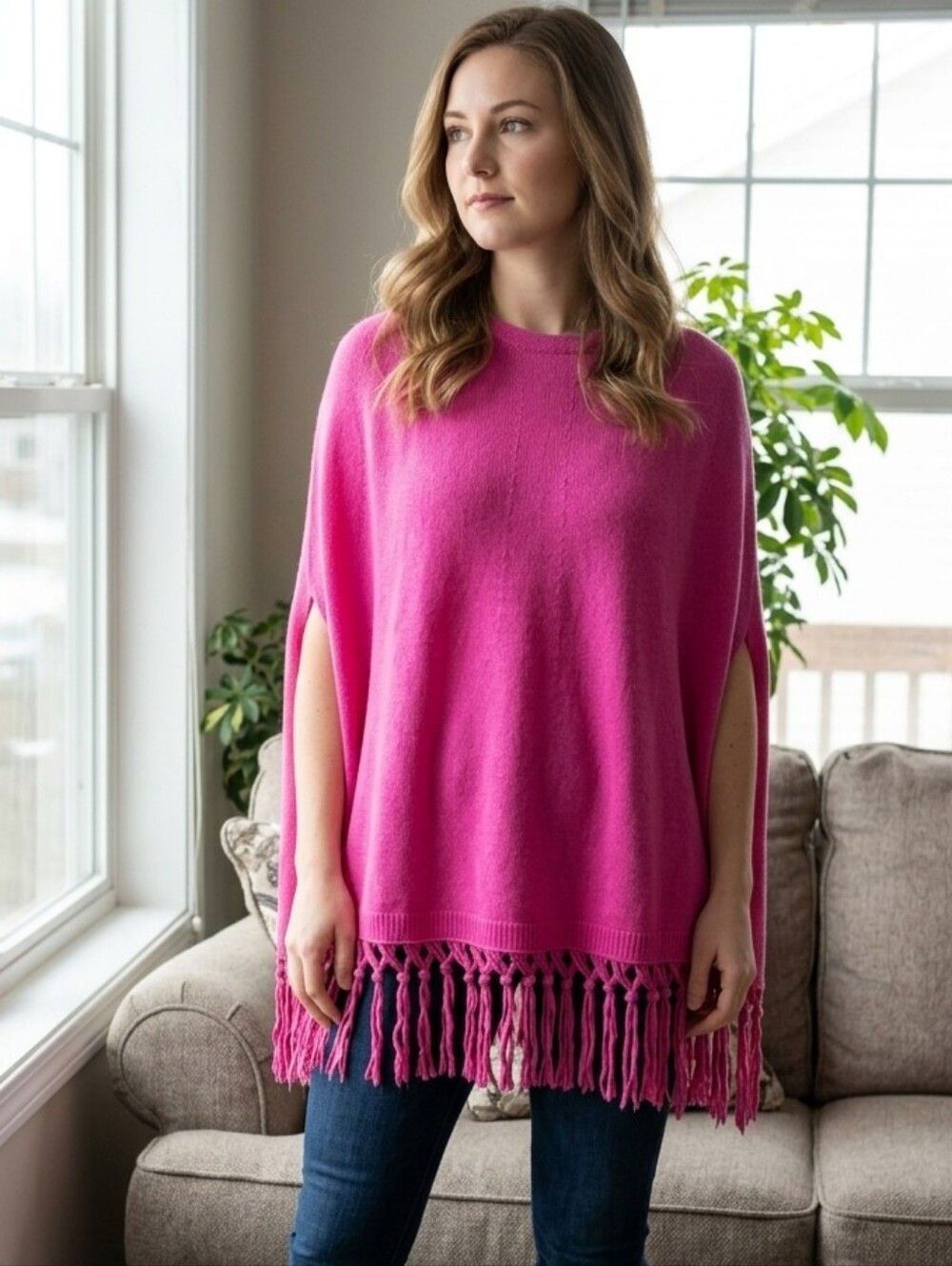 434. NWT - PINOTTI Wool & Cashmere Poncho w/ Leather Tassles